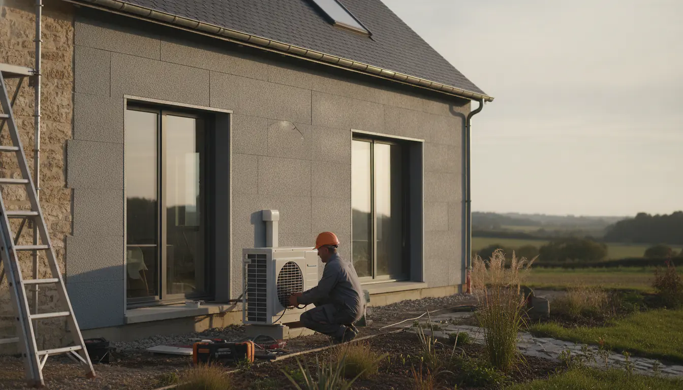 Artisan installant une pompe à chaleur devant une maison rénovée avec isolation extérieure