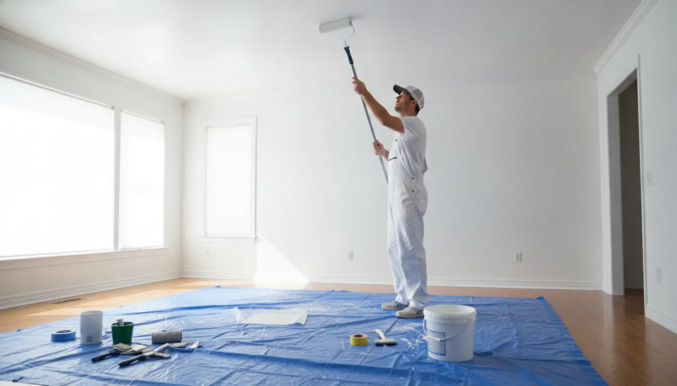 Plafond blanc fraîchement repeint au rouleau dans un salon lumineux