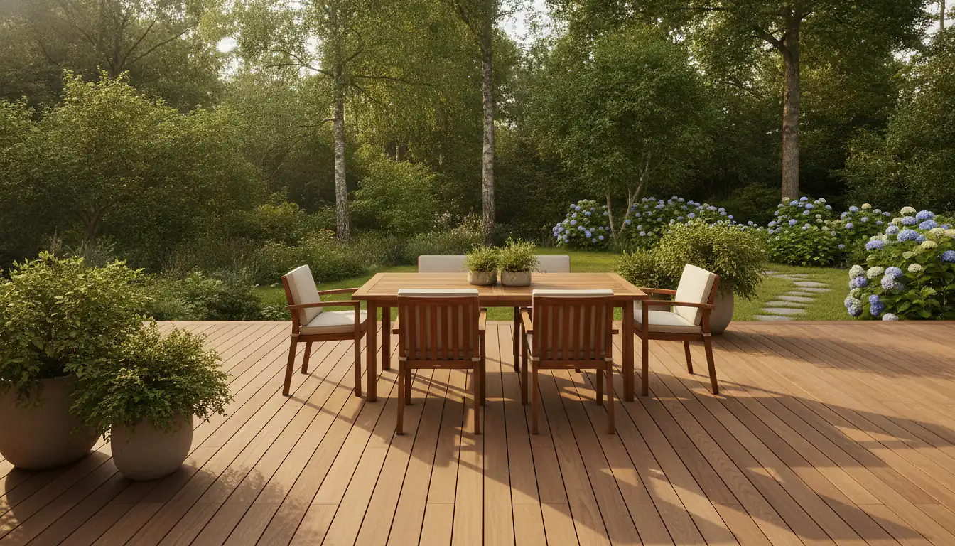 Terrasse en bois naturel avec salon de jardin ensoleillé, lames larges et tons chaleureux