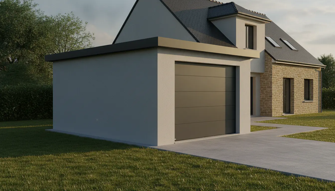 Garage préfabriqué en béton gris posé sur une dalle devant une maison individuelle, allée pavée et pelouse entretenue