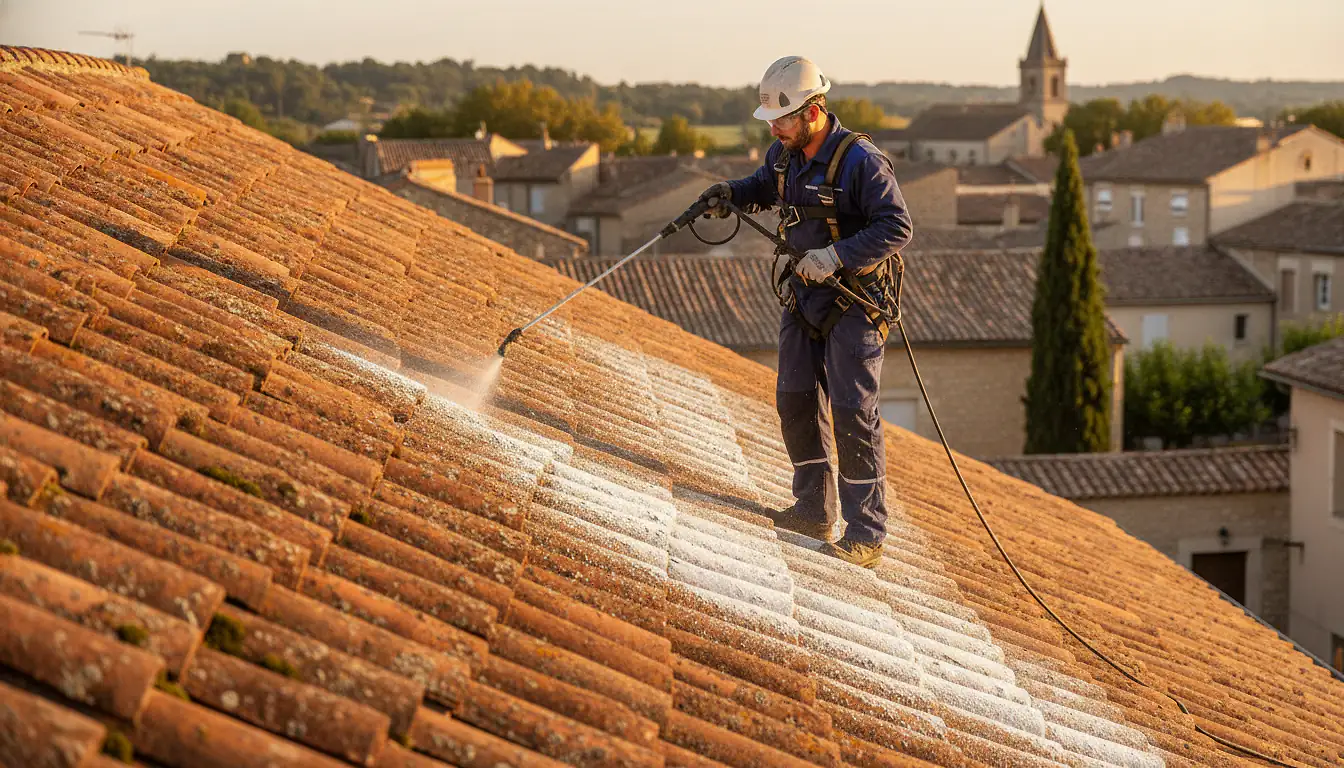 Artisan en tenue de sécurité réalisant un démoussage de toiture en tuiles