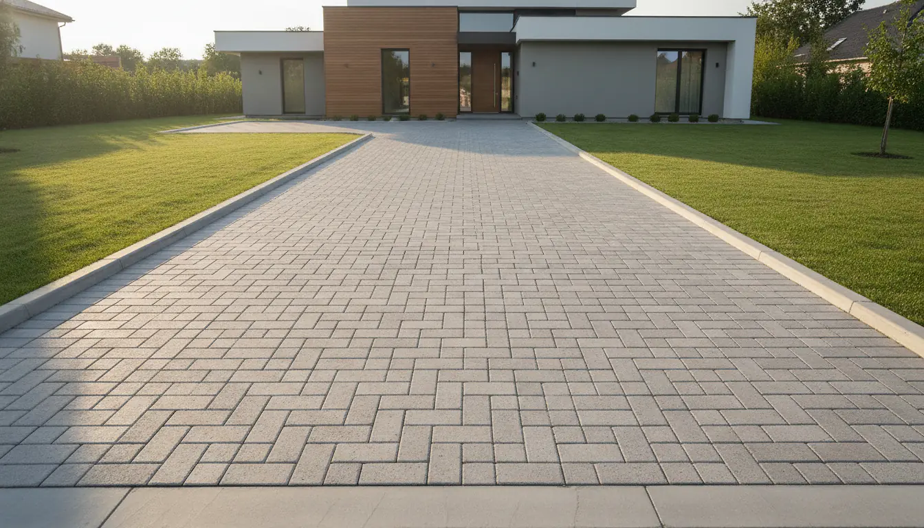 Allée résidentielle pavée en pavés autobloquants gris clair devant une maison moderne