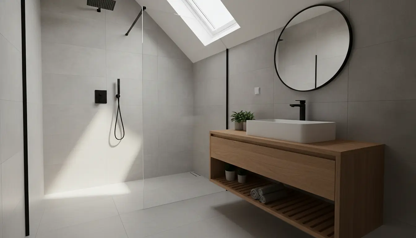 Salle de bain moderne rénovée avec douche à l'italienne en carrelage gris clair et vasque suspendue en bois naturel