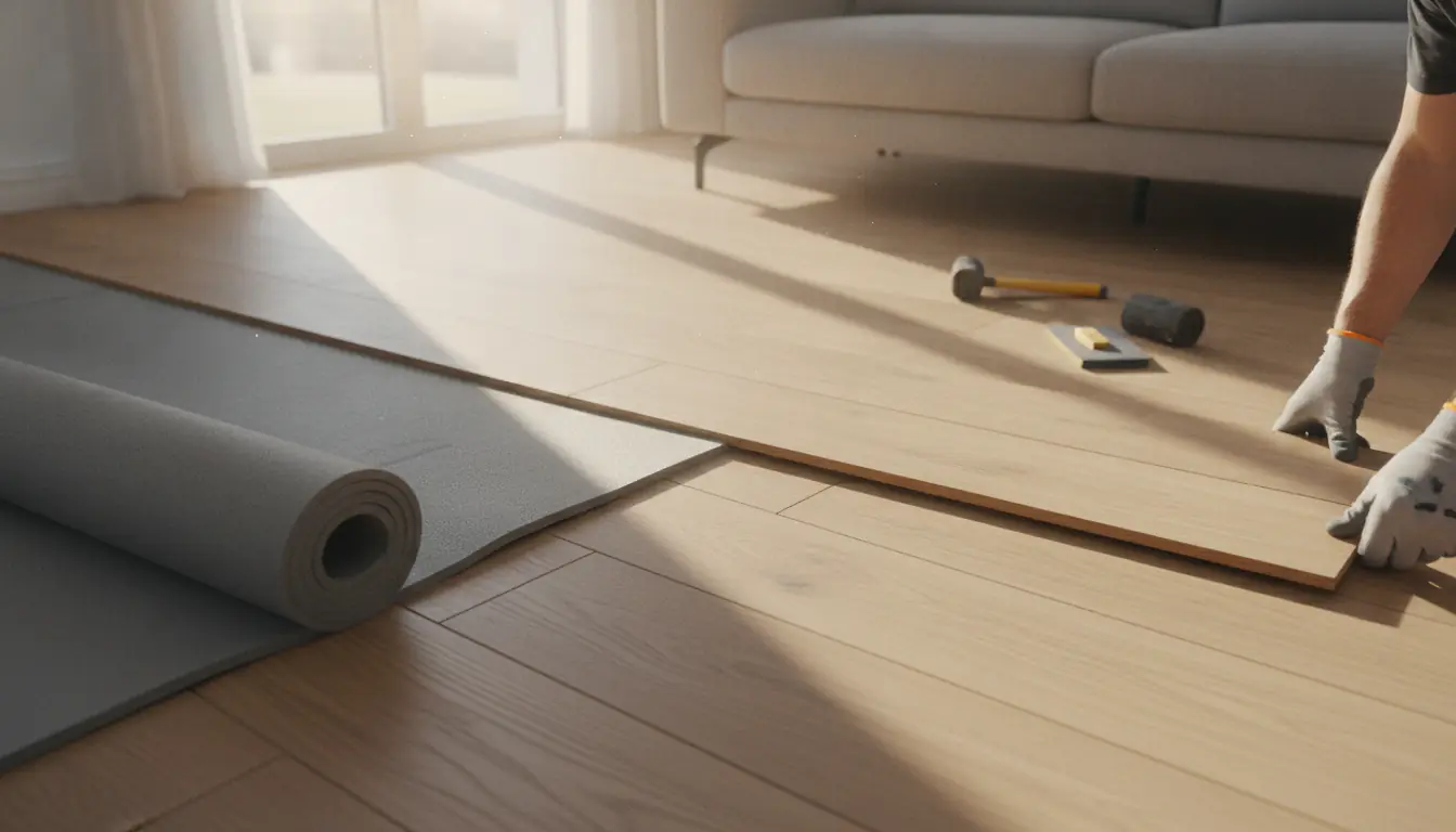 Artisan posant un parquet flottant chêne clair dans un salon lumineux, sous-couche isolante visible