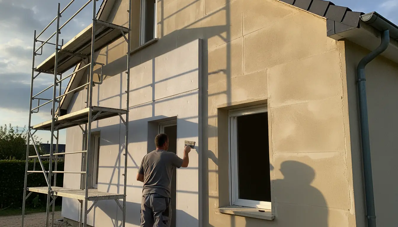 Façade de maison avec isolation extérieure sous enduit clair et échafaudage