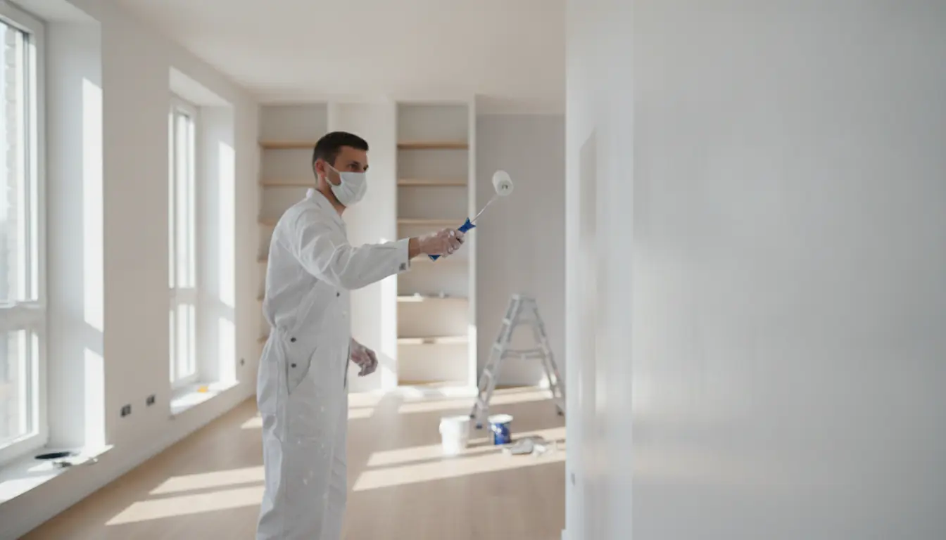 Peintre professionnel appliquant de la peinture au rouleau sur un mur intérieur, rénovation résidentielle