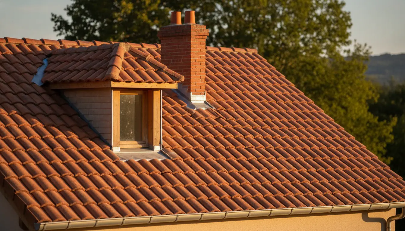 Vue d'ensemble d'une toiture neuve en tuiles terre cuite après réfection complète sur maison individuelle