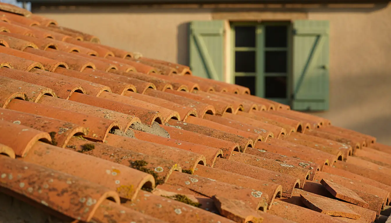 Toiture en tuiles terre cuite orangée vue de près, rangées serrées sur maison traditionnelle française