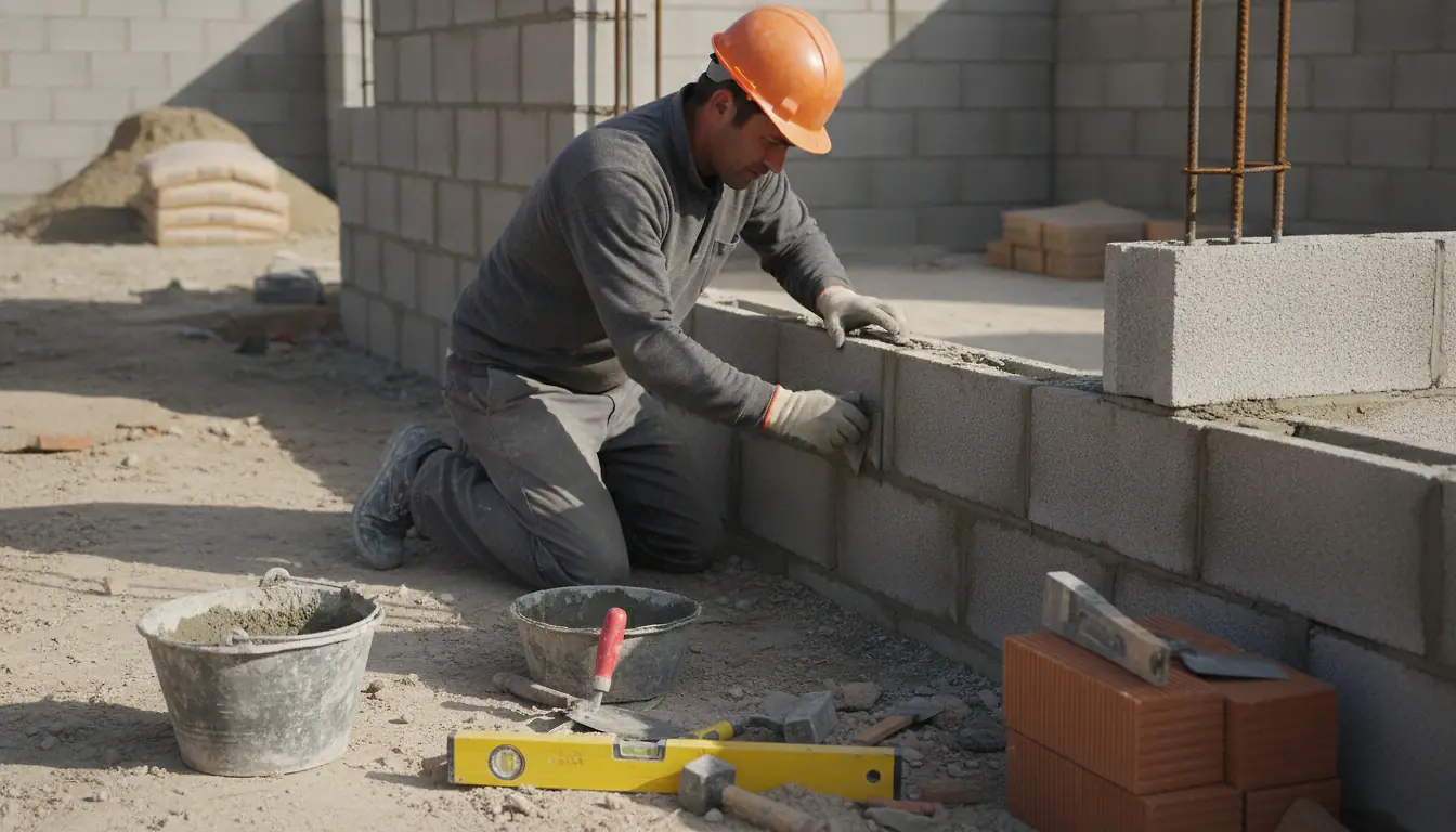 Maçon professionnel posant des parpaings sur un chantier de construction