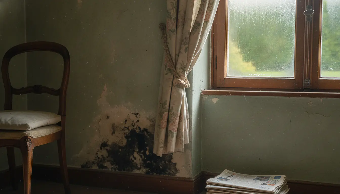 Mur intérieur avec taches de moisissure noire près d'une fenêtre humide