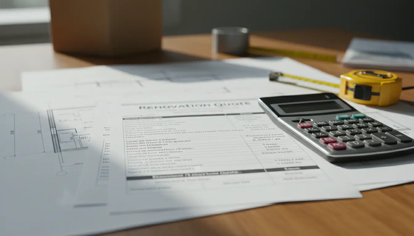 Devis de rénovation détaillé posé sur un plan de maison avec calculatrice et mètre